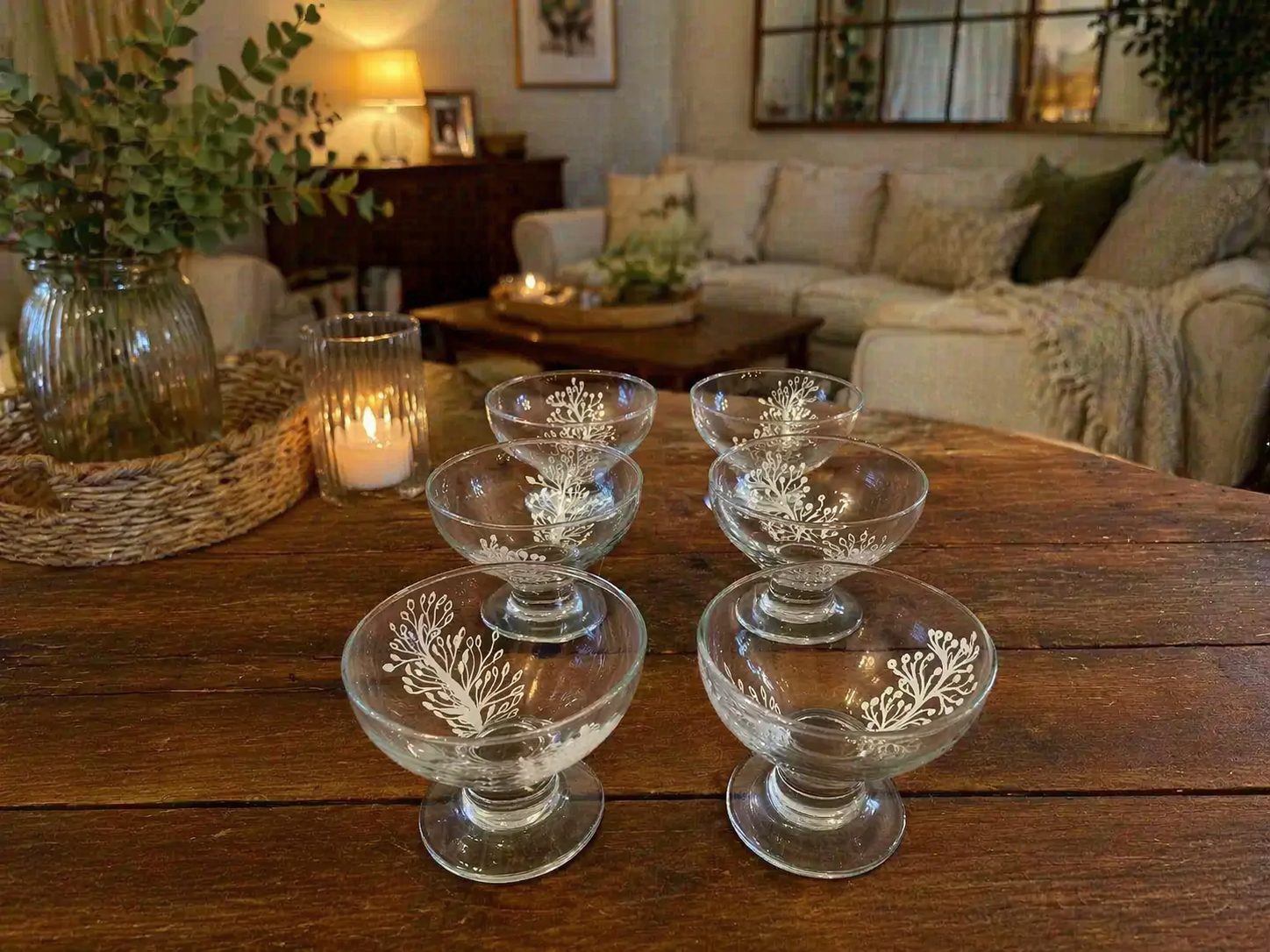 Glass Bowls with White Leaves/ set of 6
